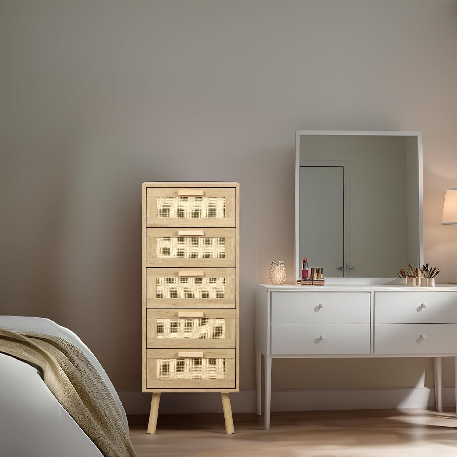 5 Drawer Rattan Chest Storage Unit Tall Bedroom Cabinet with Wood Legs