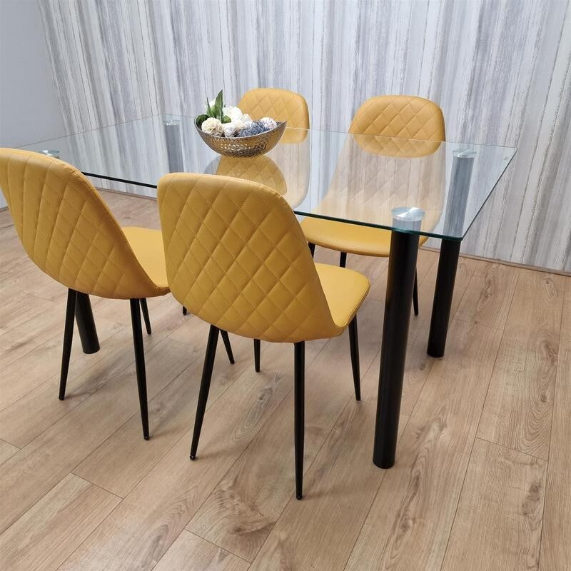 Glass Dining Table Set with 4 Mustard Faux Leather Chairs for Kitchen