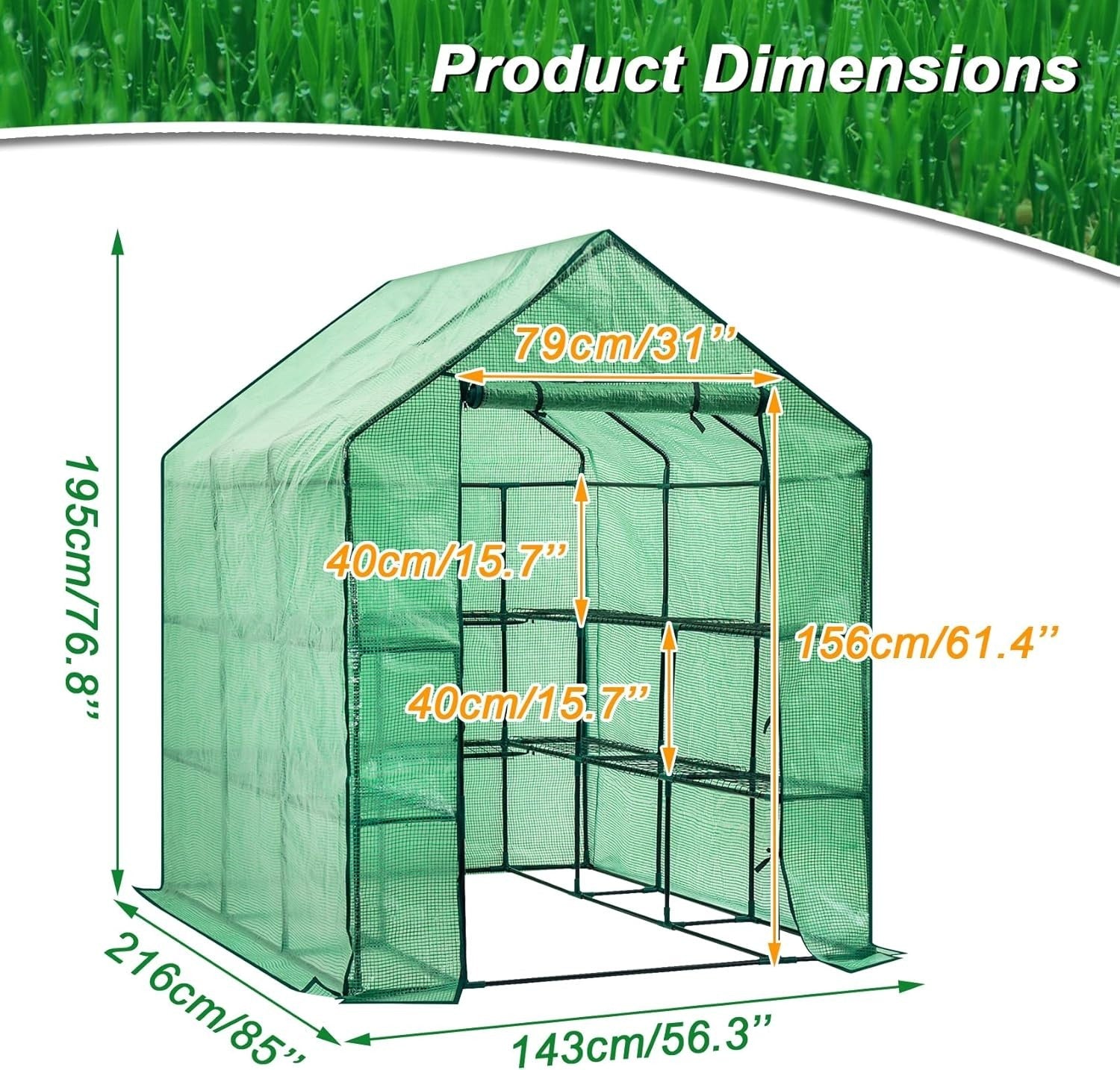 Walk-In Garden Greenhouse 8 Shelves Heavy Duty Steel Frame PE Cover 216cm