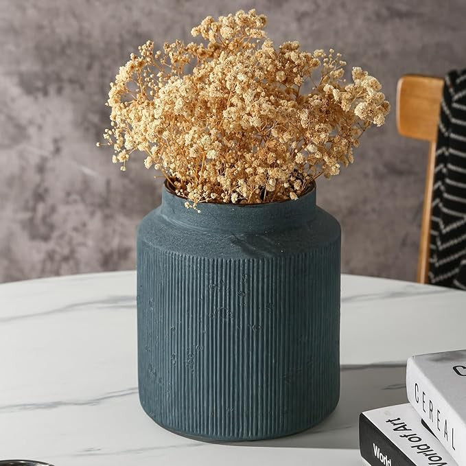 Rustic Farmhouse Ceramic Vase 7in Blue Vintage Terracotta Table Décor