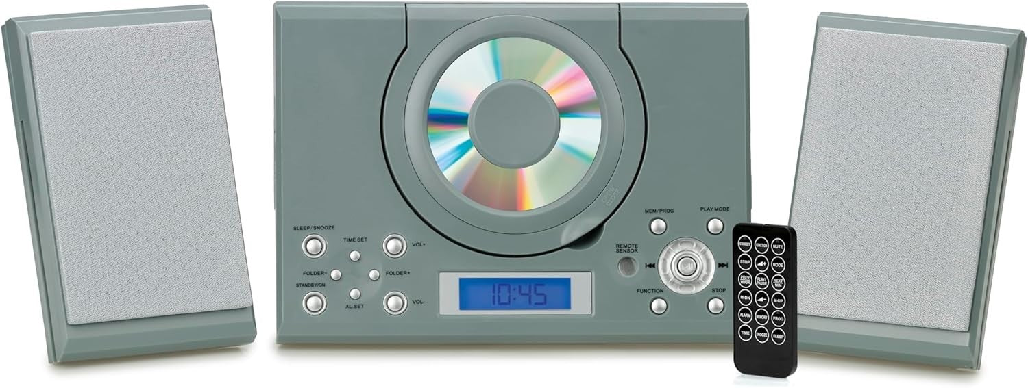Wall Mount CD Player Stereo System USB MP3 FM Radio Alarm Remote Control Grey