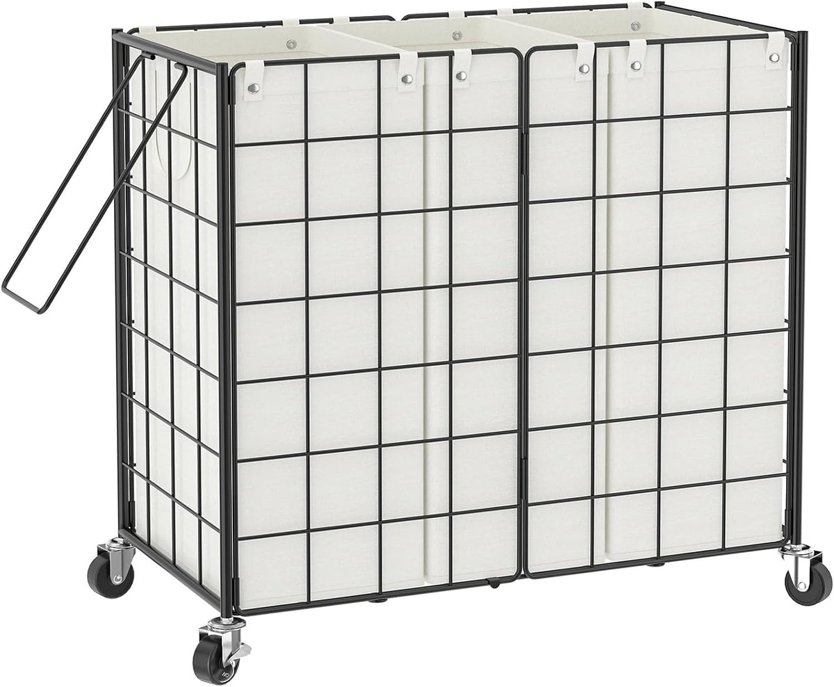 150L Triple Laundry Hamper on Wheels with 3 Removable Bags Metal Rolling Basket