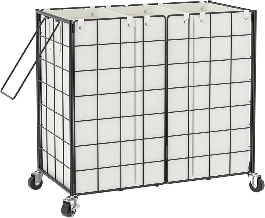 150L Triple Laundry Hamper on Wheels with 3 Removable Bags Metal Rolling Basket