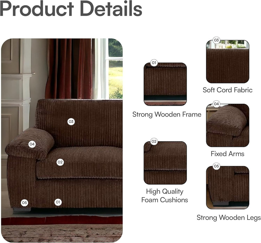 3 Seater Jumbo Cord Sofa Brown – Deep Cushions, Soft Fabric, No Assembly