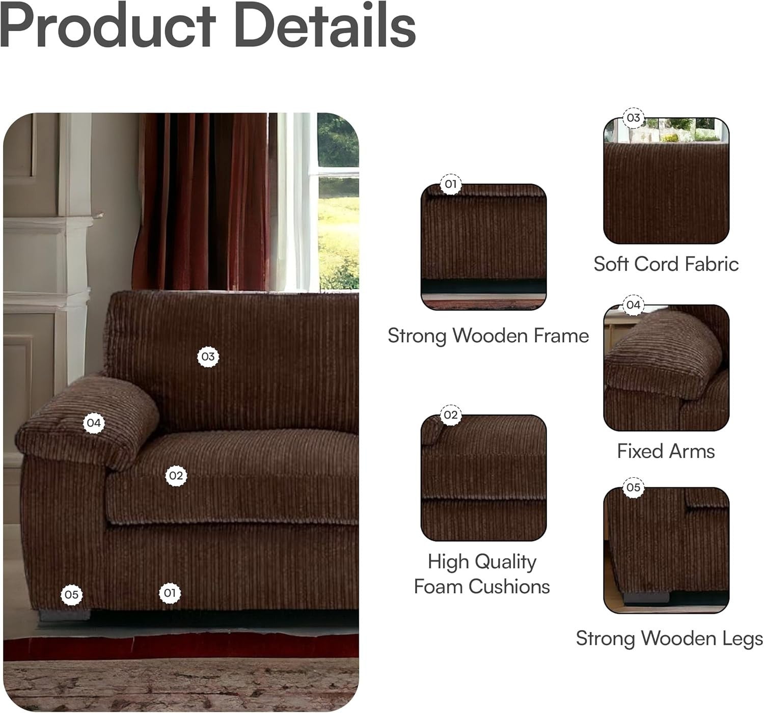 3 Seater Jumbo Cord Sofa Brown – Deep Cushions, Soft Fabric, No Assembly