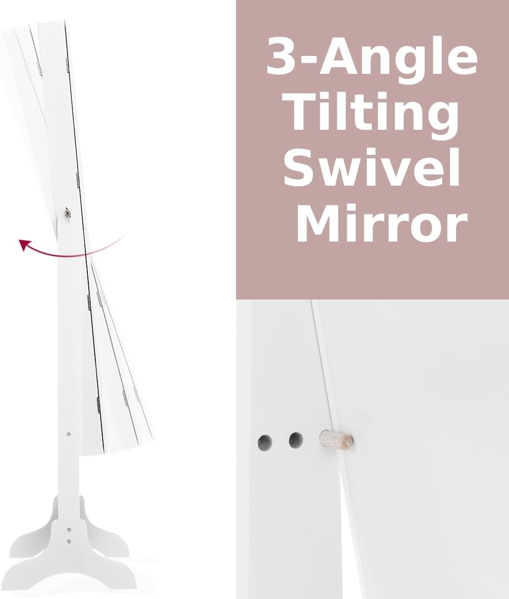 White Standing Jewelry Armoire Adjustable Full Length Mirror Storage