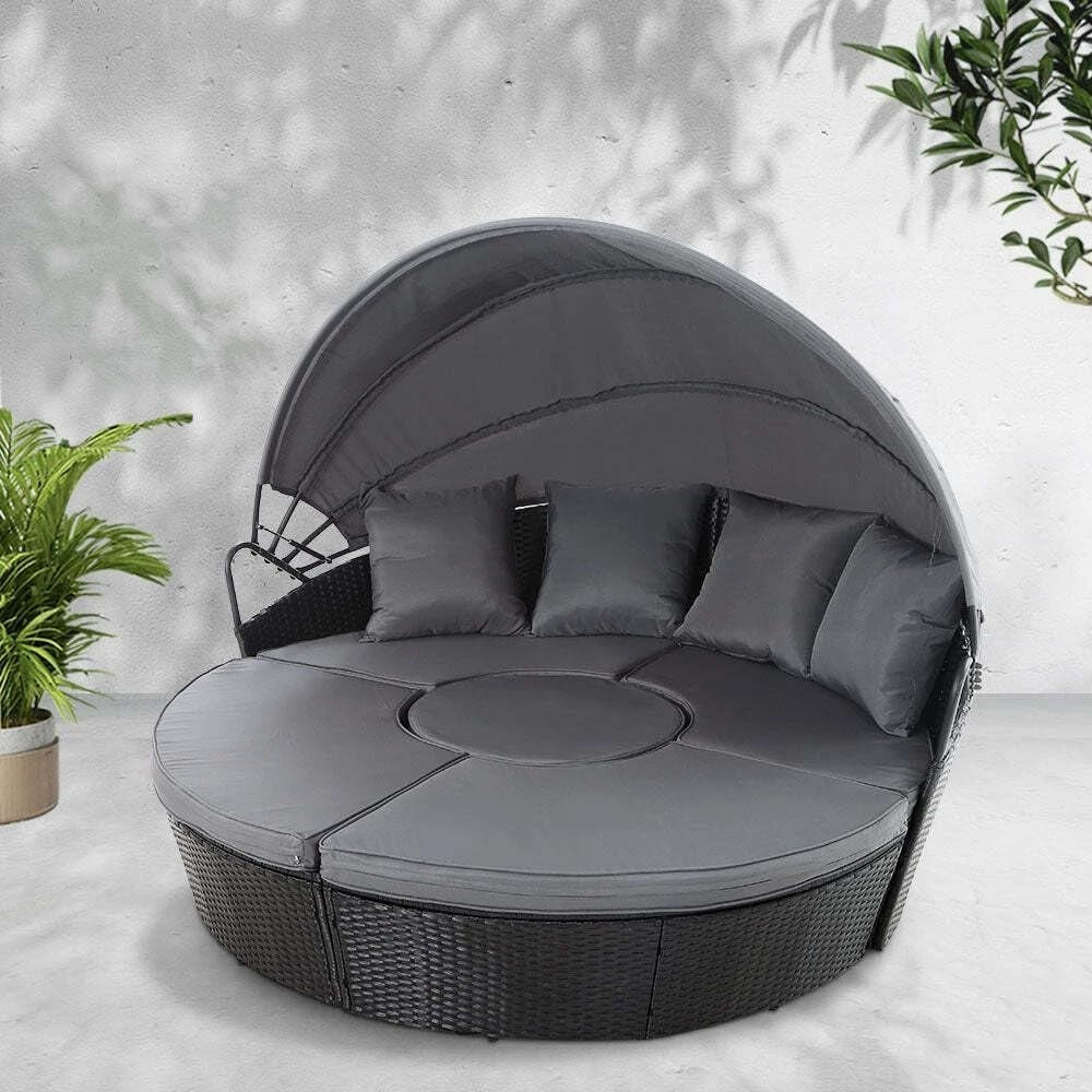 5 Piece Outdoor Rattan Day Bed Set with Retractable Canopy & Cushions