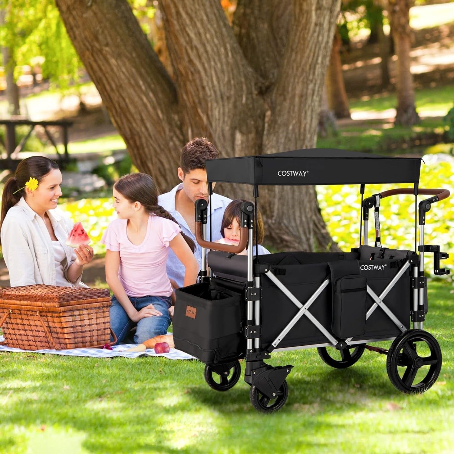 Black Push Pull Stroller Wagon 2-Seater Folding Cart w/ Canopy 5-Point Harness
