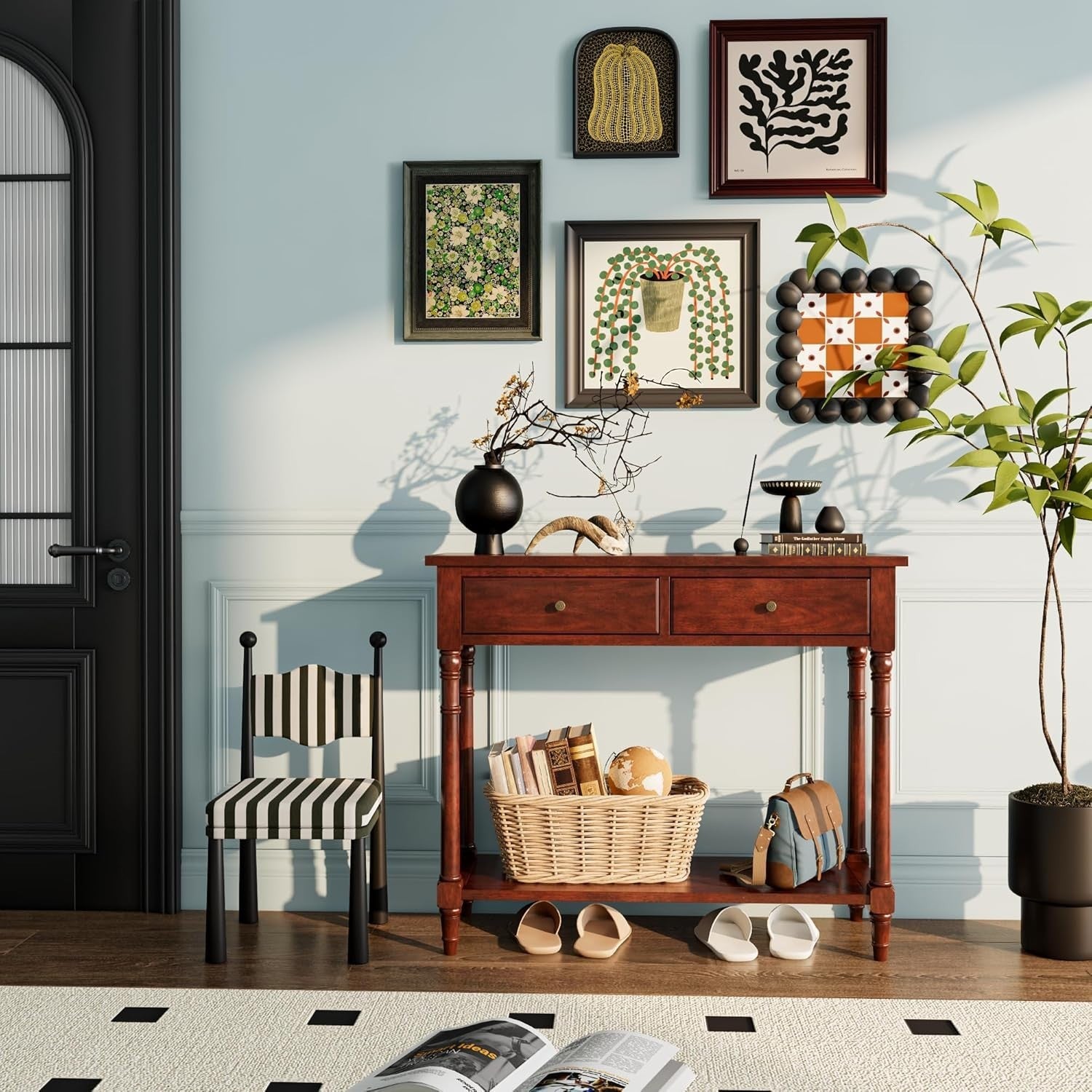 Solid Wood Console Table 90x35x77cm with 2 Drawers & Open Storage Shelf
