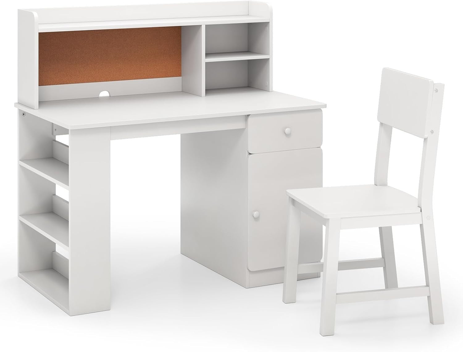 Kids Study Desk & Chair Set w/ Storage, Shelves & Cork Board White