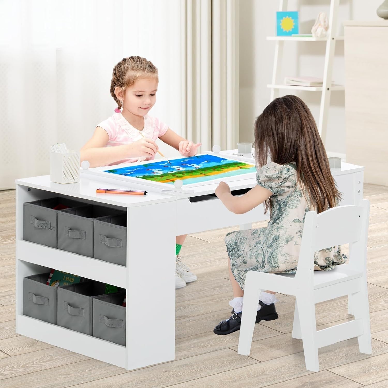 Kids Art Table & 2 Chairs Set with Storage, Paper Roll, 6 Paint Cups 109cm
