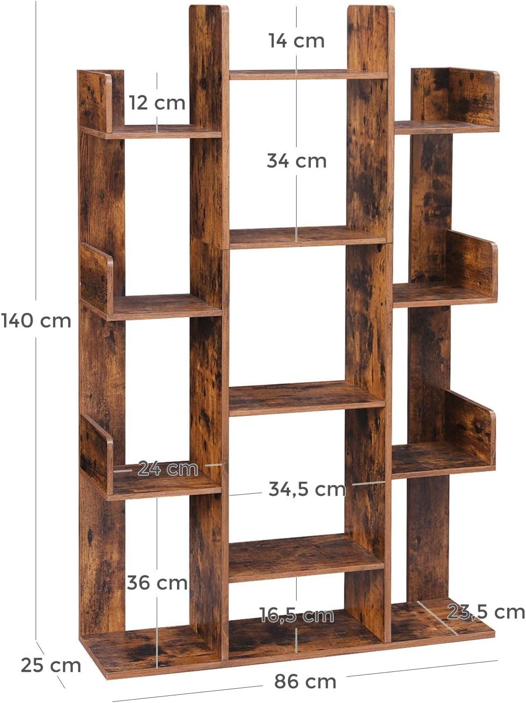 Tree-Shaped 13-Shelf Rustic Brown Bookcase Tall Display Unit for Modern Homes