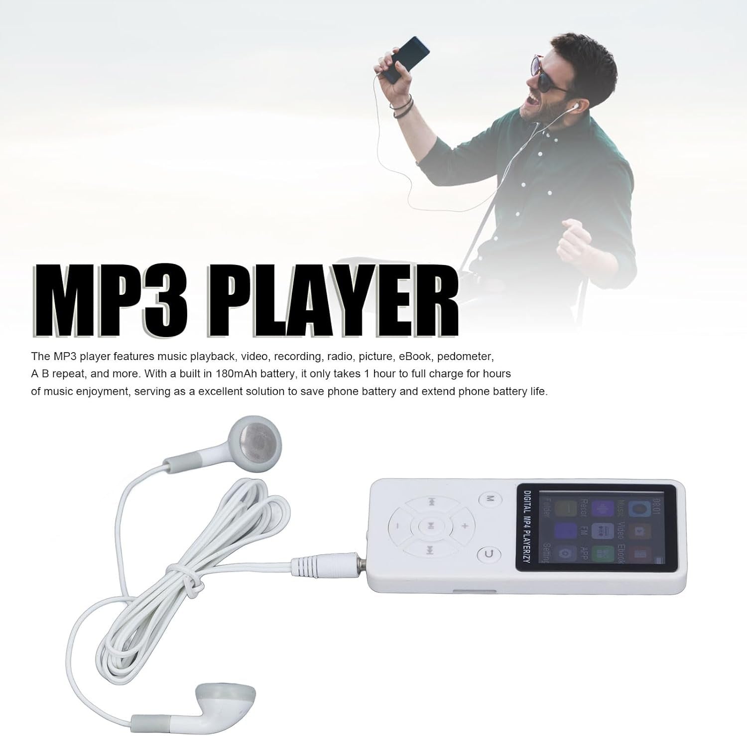 64GB Bluetooth 5.0 MP3 MP4 Player 1.8" LCD FM Radio White
