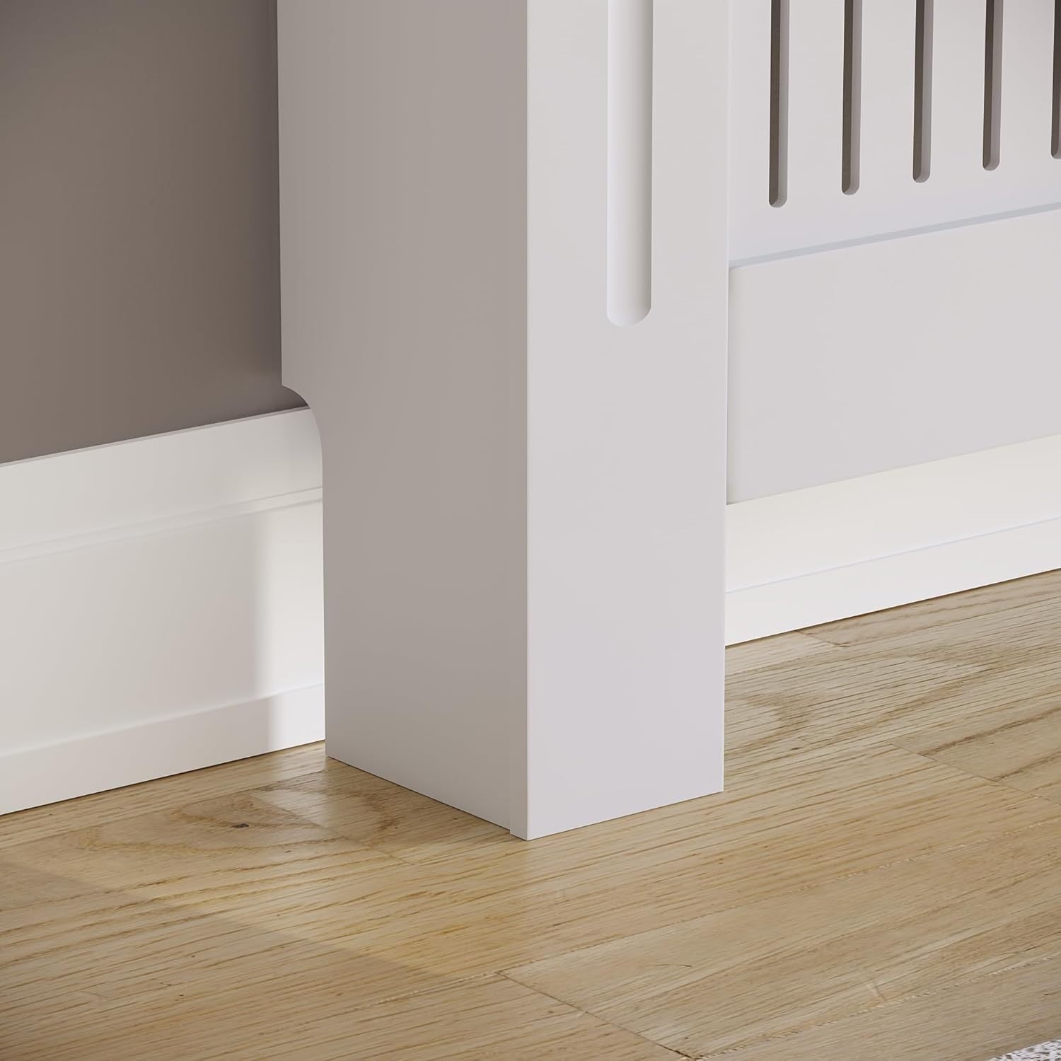 Adjustable White Radiator Cover | Modern Slatted MDF Heater Cabinet with Shelf