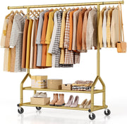 Gold Heavy Duty 252KG Clothes Rail With Shelves & Wheels