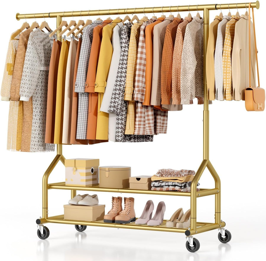 Gold Heavy Duty 252KG Clothes Rail With Shelves & Wheels