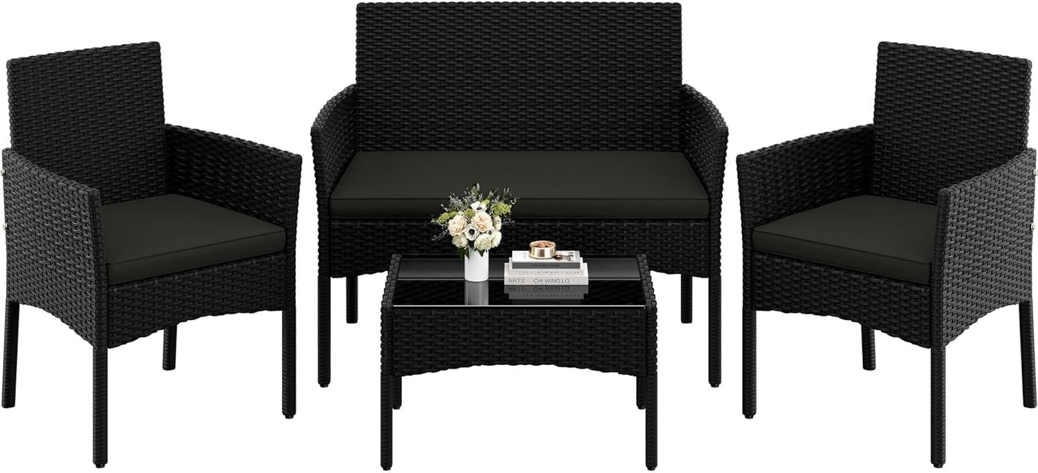 4-Piece Outdoor Patio Rattan Sofa Set with Glass Table, Cushioned Garden Lounge