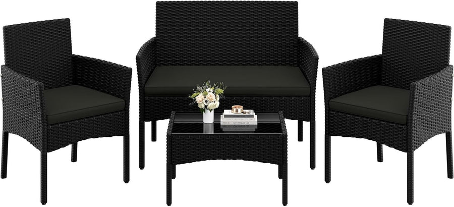 4-Piece Outdoor Patio Rattan Sofa Set with Glass Table, Cushioned Garden Lounge
