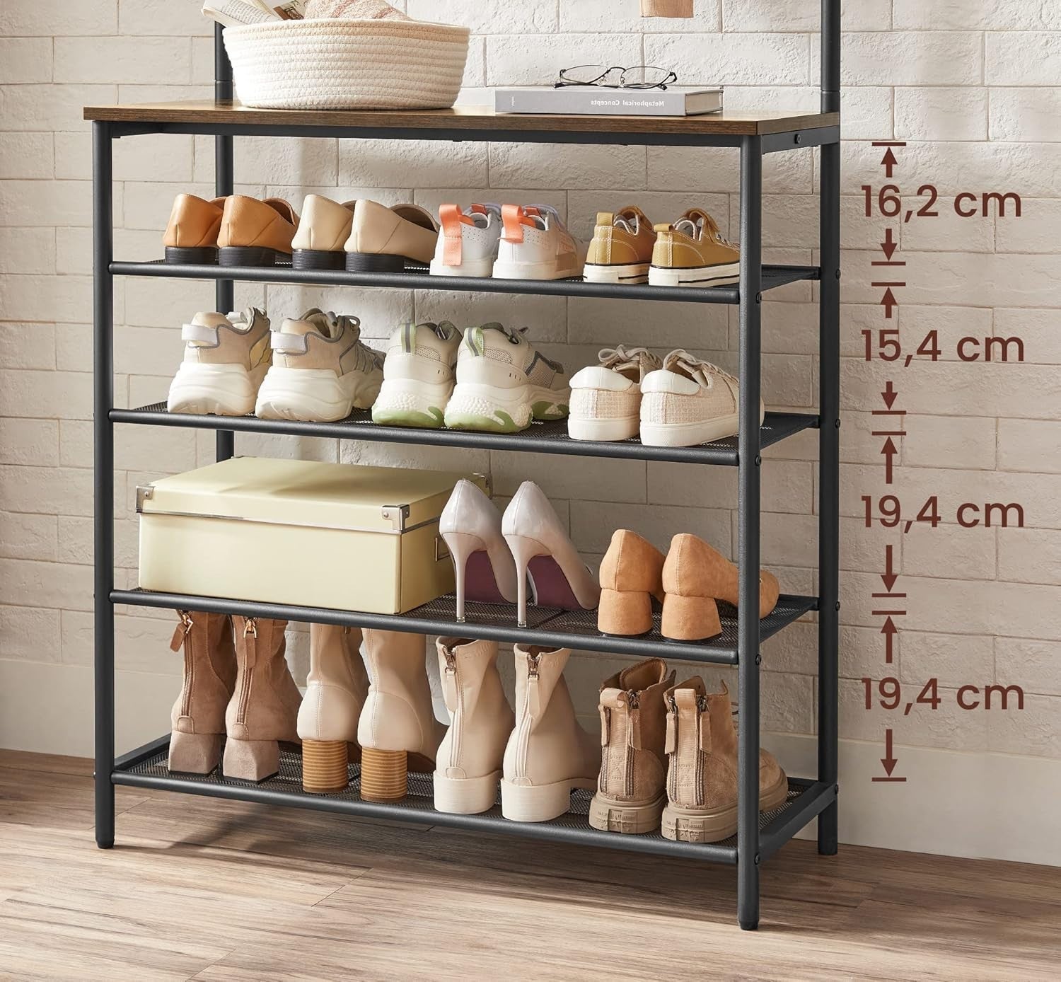 5 Tier Industrial Coat & Shoe Rack with Hooks & Top Shelf – Durable Storage