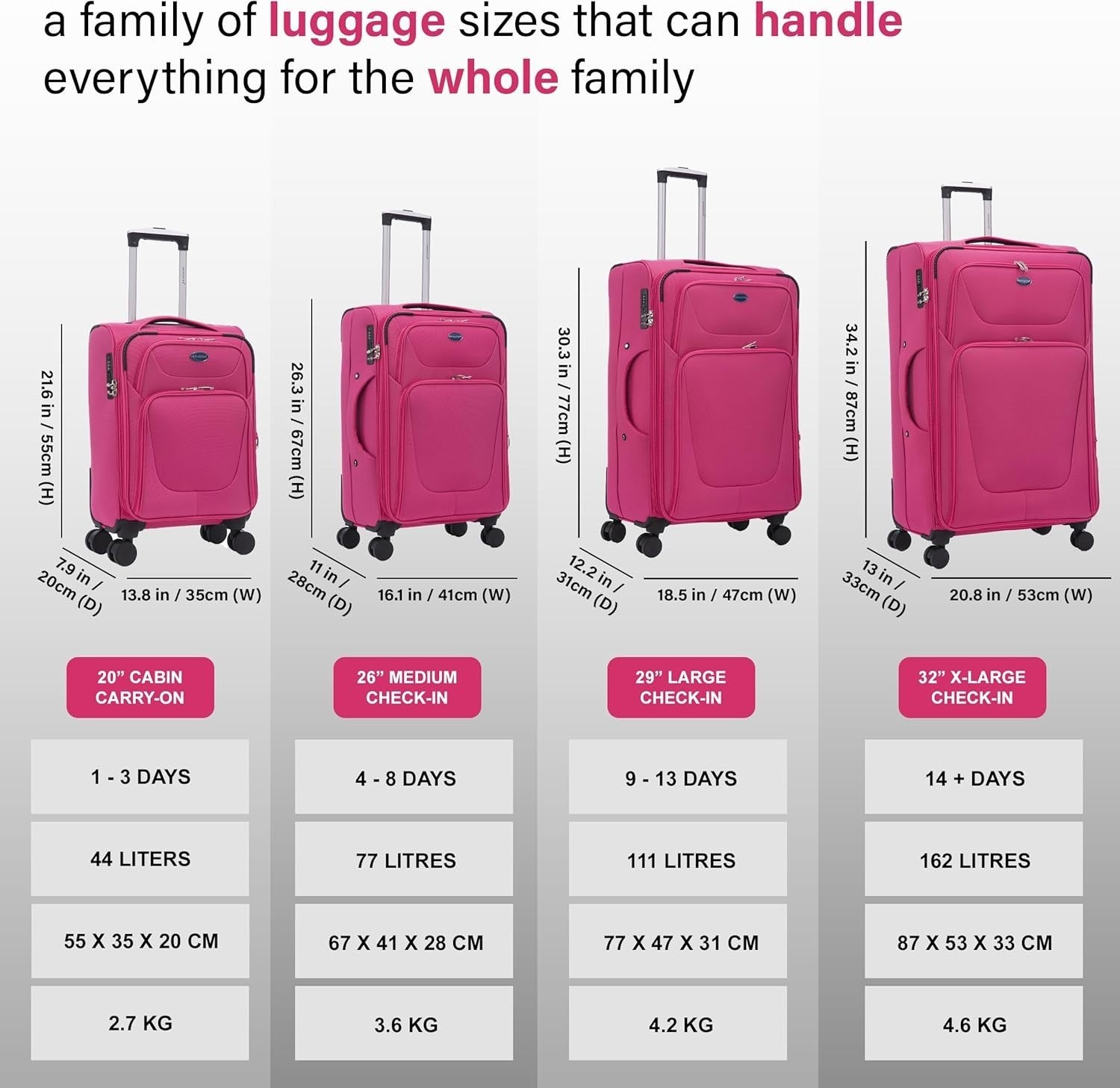 26” Medium Lightweight Soft Check In Suitcase Expandable 4 Wheel Luggage 78L