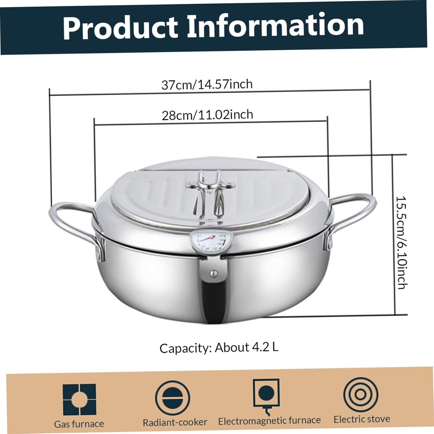 4.2L Stainless Steel Tempura Fryer Pot 11'' Thermometer Oil Drip Rack