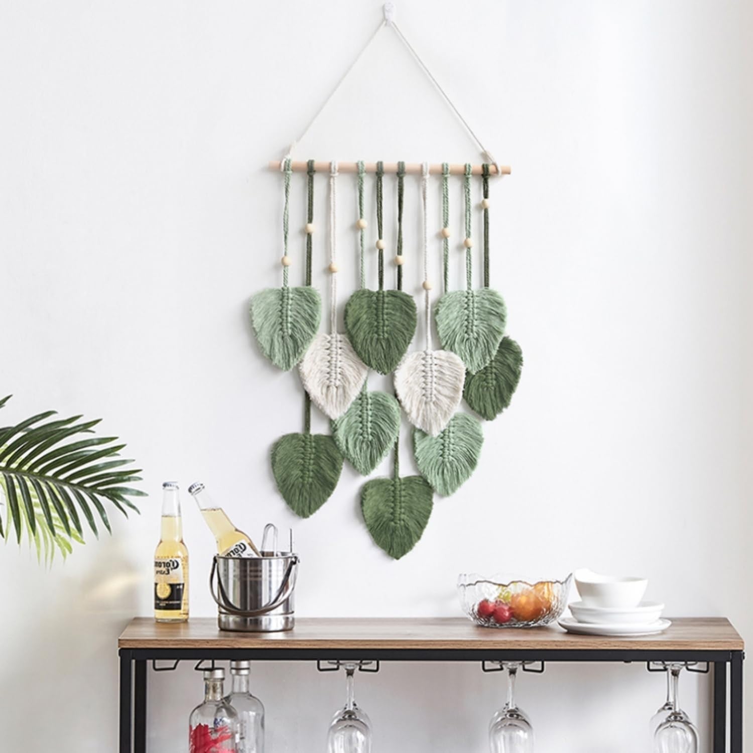 Green Boho Macrame Wall Hanging Leaf Woven Art Decor