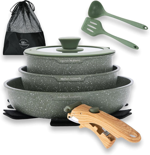 10pcs Green Granite Non Stick Induction Cookware Set with Detachable Handle
