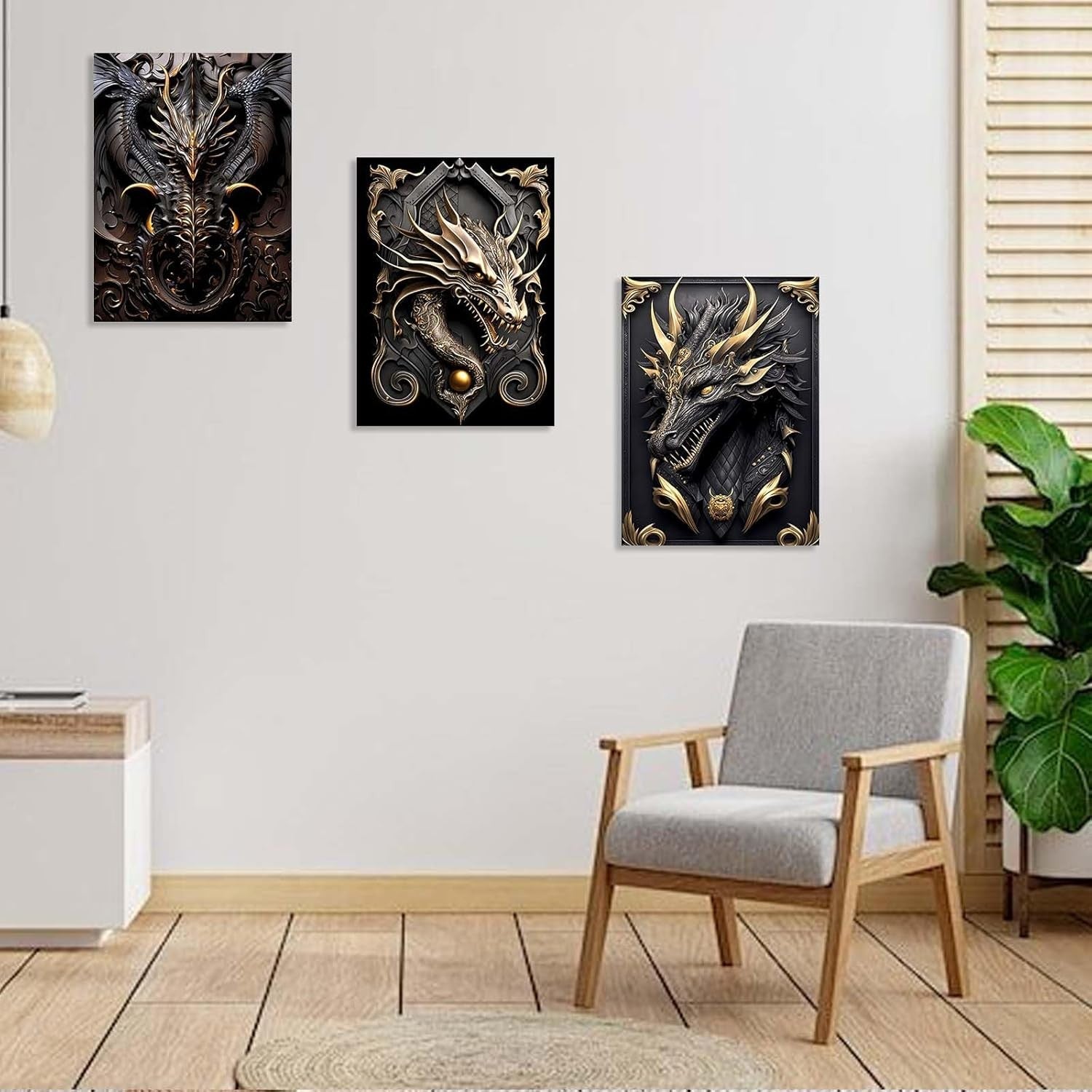 Set of 3 Dragon Canvas Wall Art 12x16 Framed Black Gold Fantasy Decor