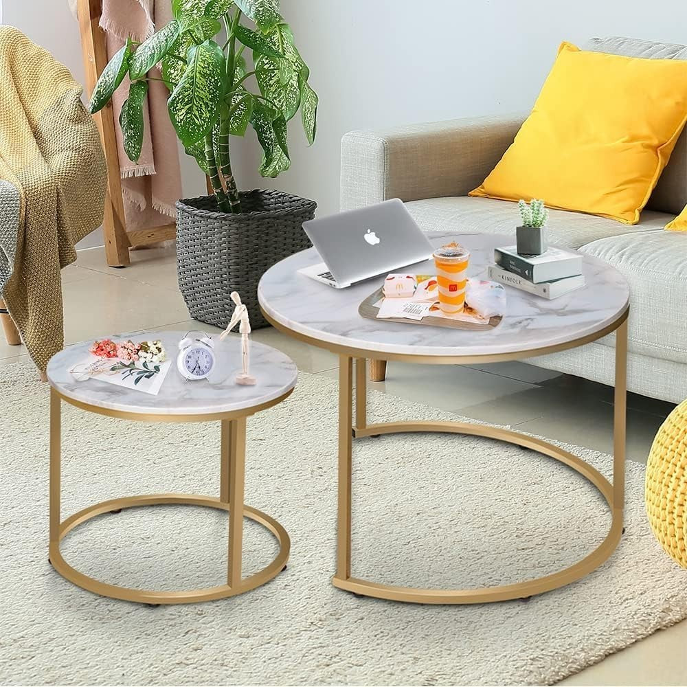 Nesting Coffee Tables Set 2 Round Marble Gold Metal Living Room Side End Table