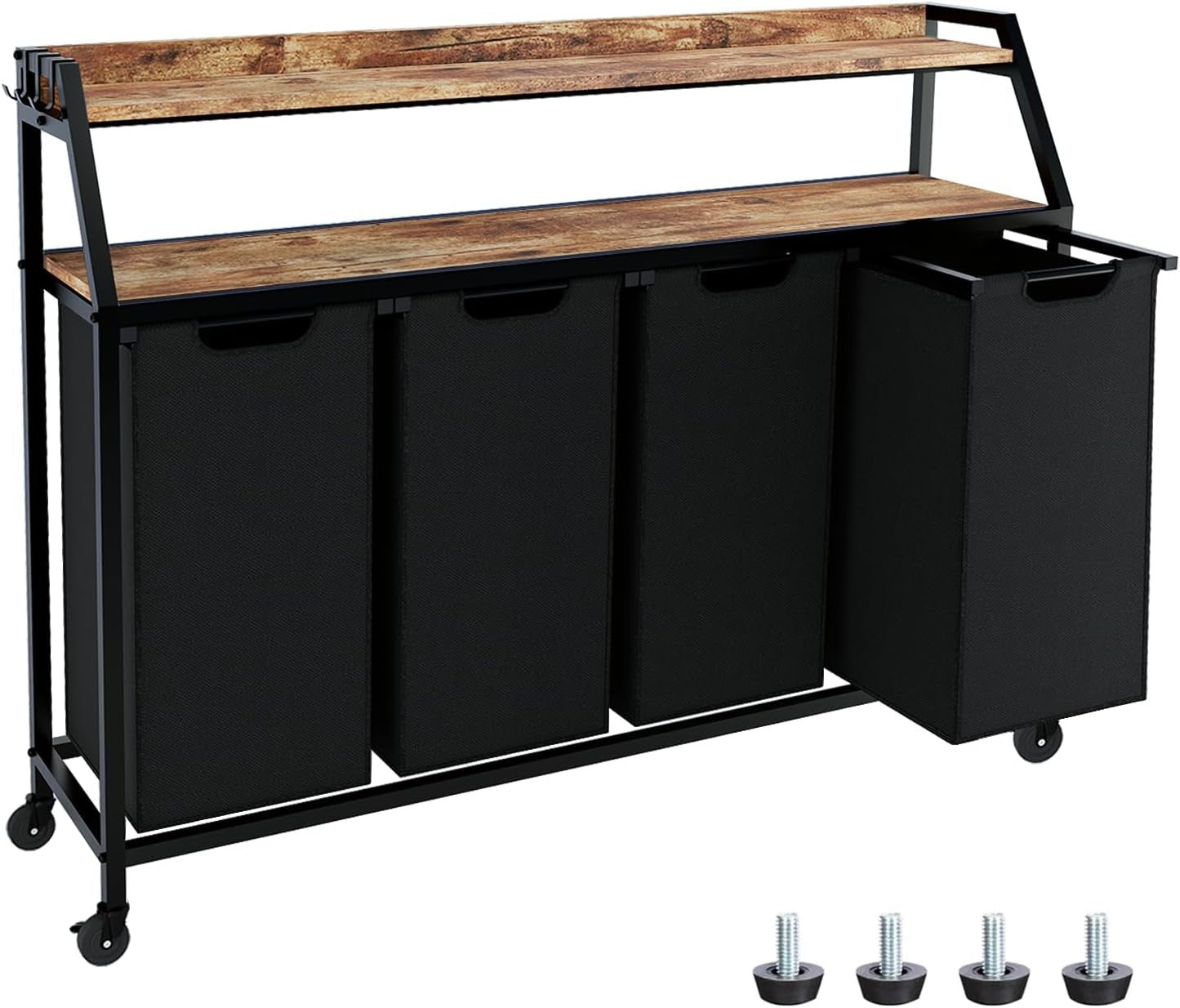 4-Section Laundry Sorter with Wheels Shelves Rustic Wood Top Large Rolling