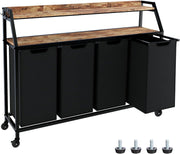 4-Section Laundry Sorter with Wheels Shelves Rustic Wood Top Large Rolling