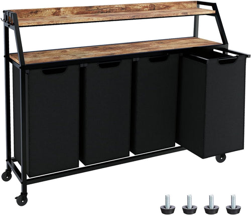 4-Section Laundry Sorter with Wheels Shelves Rustic Wood Top Large Rolling