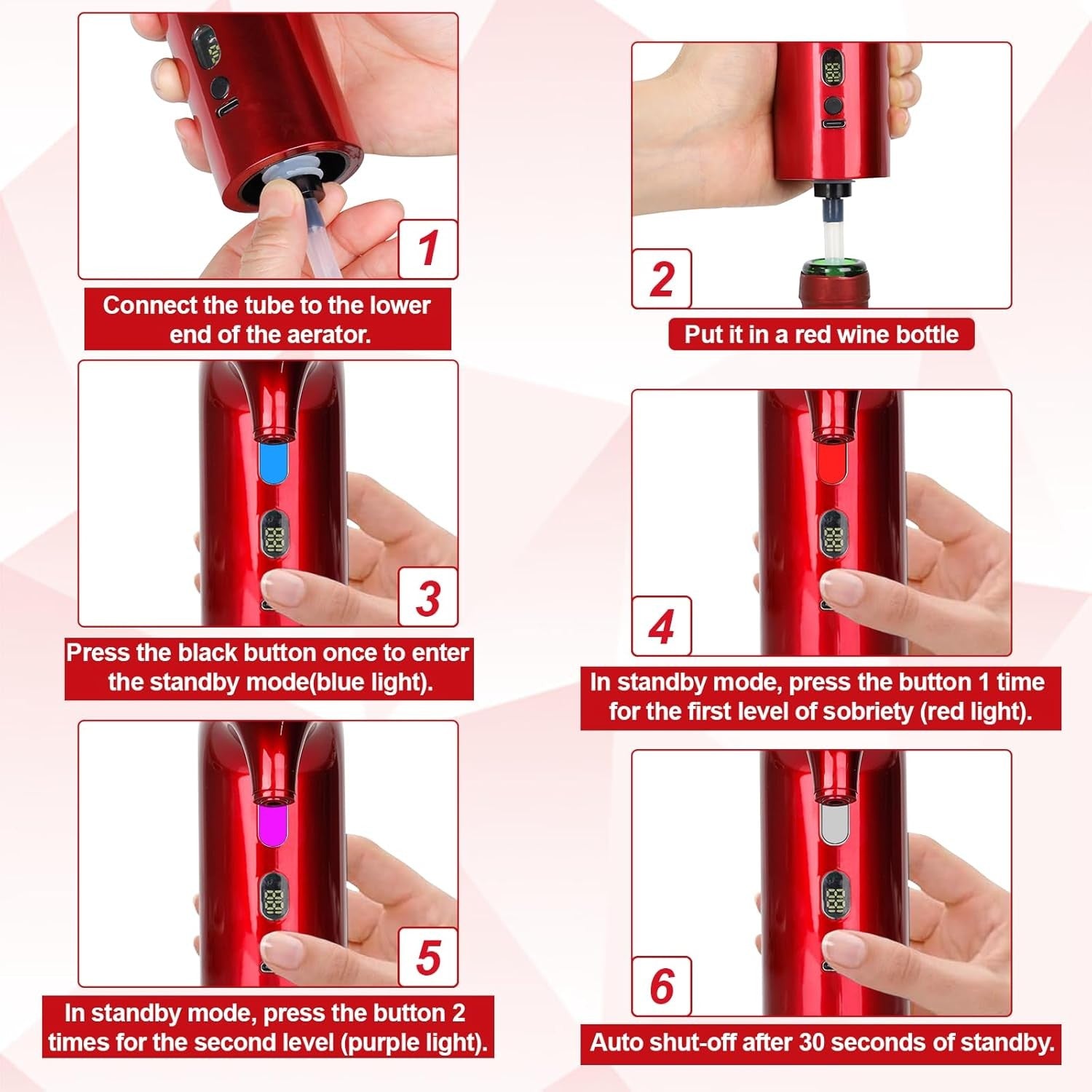 Electric Wine Aerator Dispenser Red Auto Pourer USB-C Rechargeable 750ml