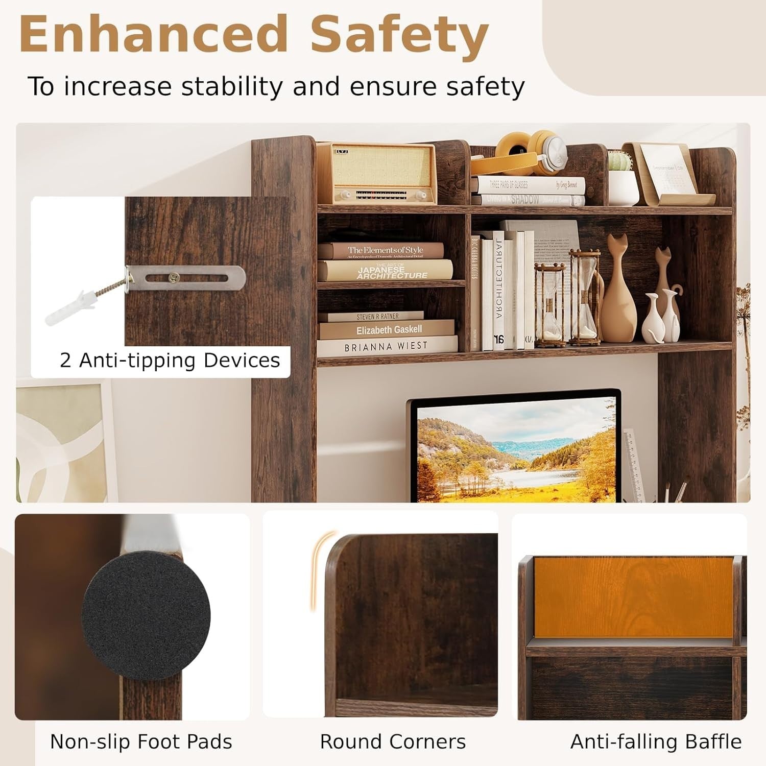 6-Shelf Desktop Bookshelf Hutch Storage Organizer Rustic Brown Monitor Shelf