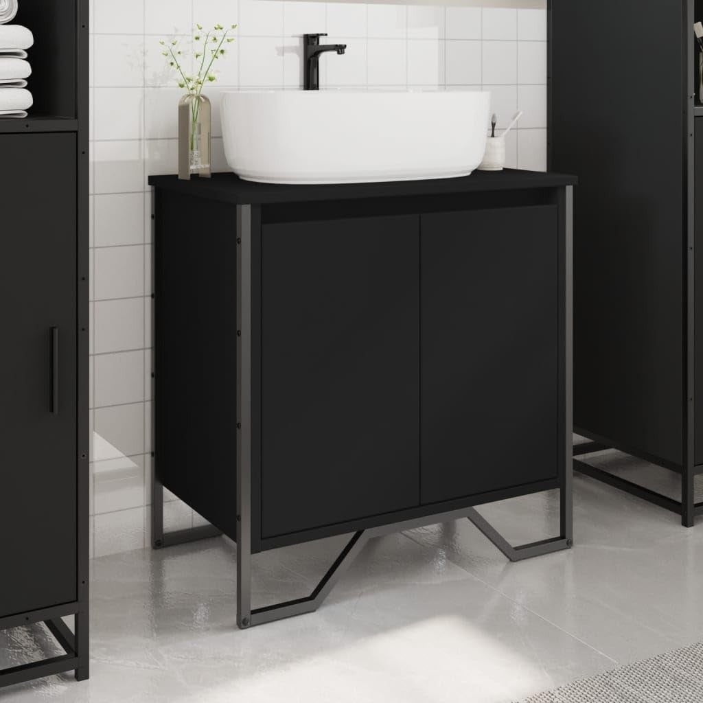 Modern Black Bathroom Vanity Unit – 2 Door Under Sink Storage Cabinet 60x60cm