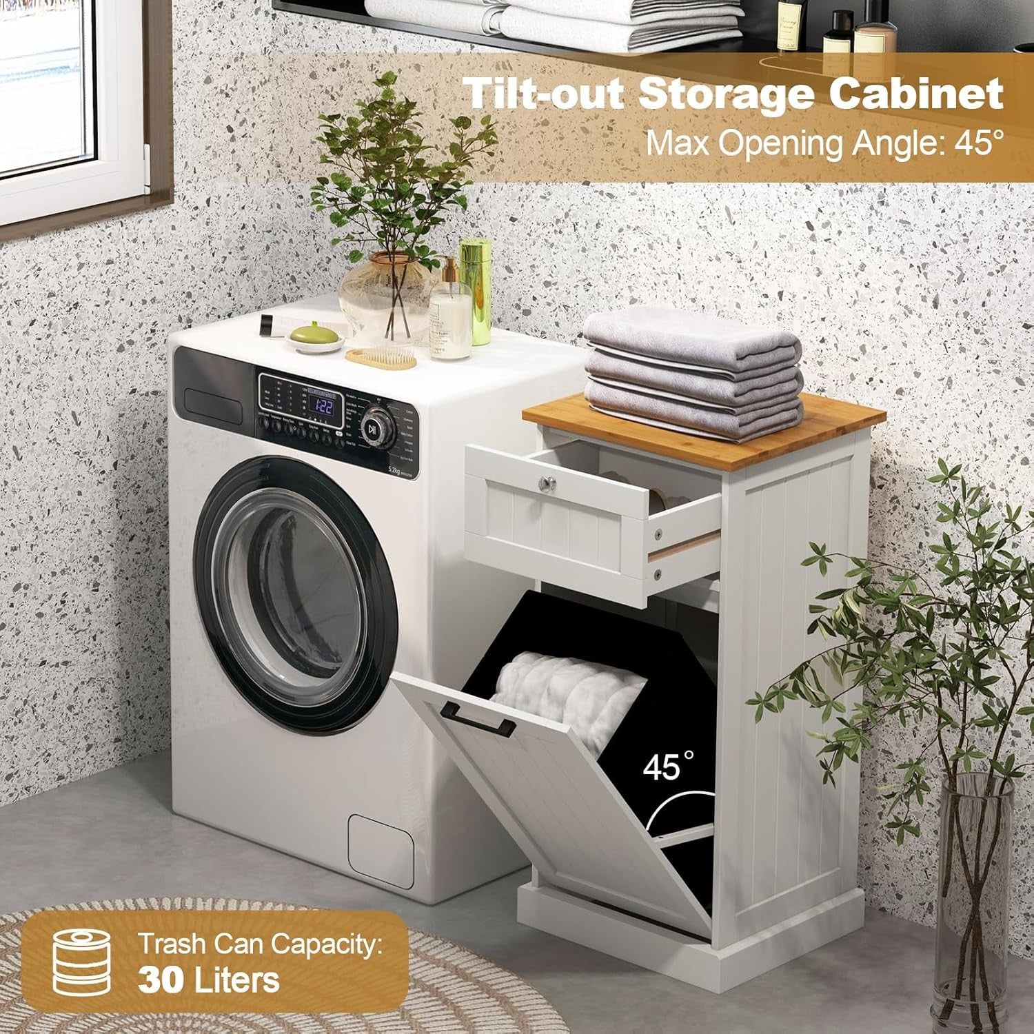 White Tilt-Out Laundry Cabinet with Drawer & Removable Hamper | Freestanding Bat