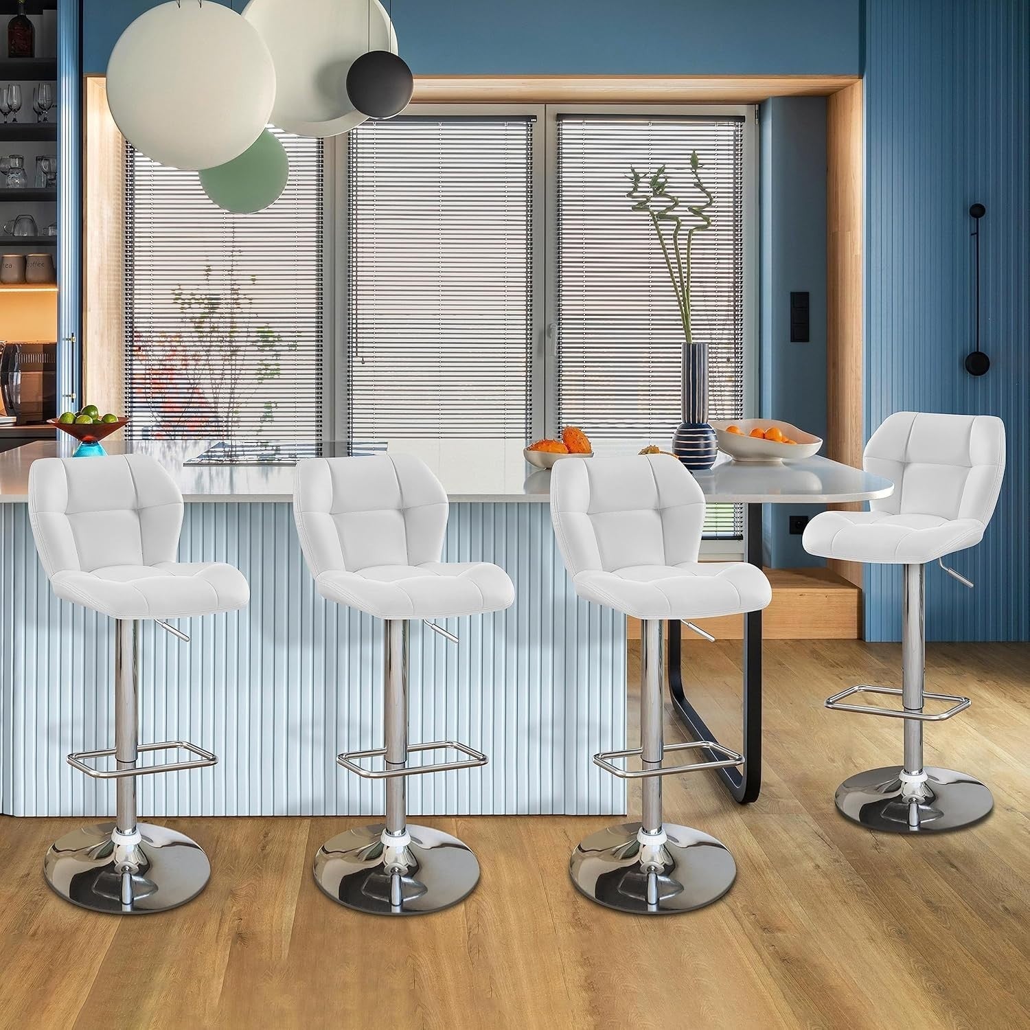 Adjustable White PU Leather Bar Stools Set of 4 – Swivel Counter Chairs