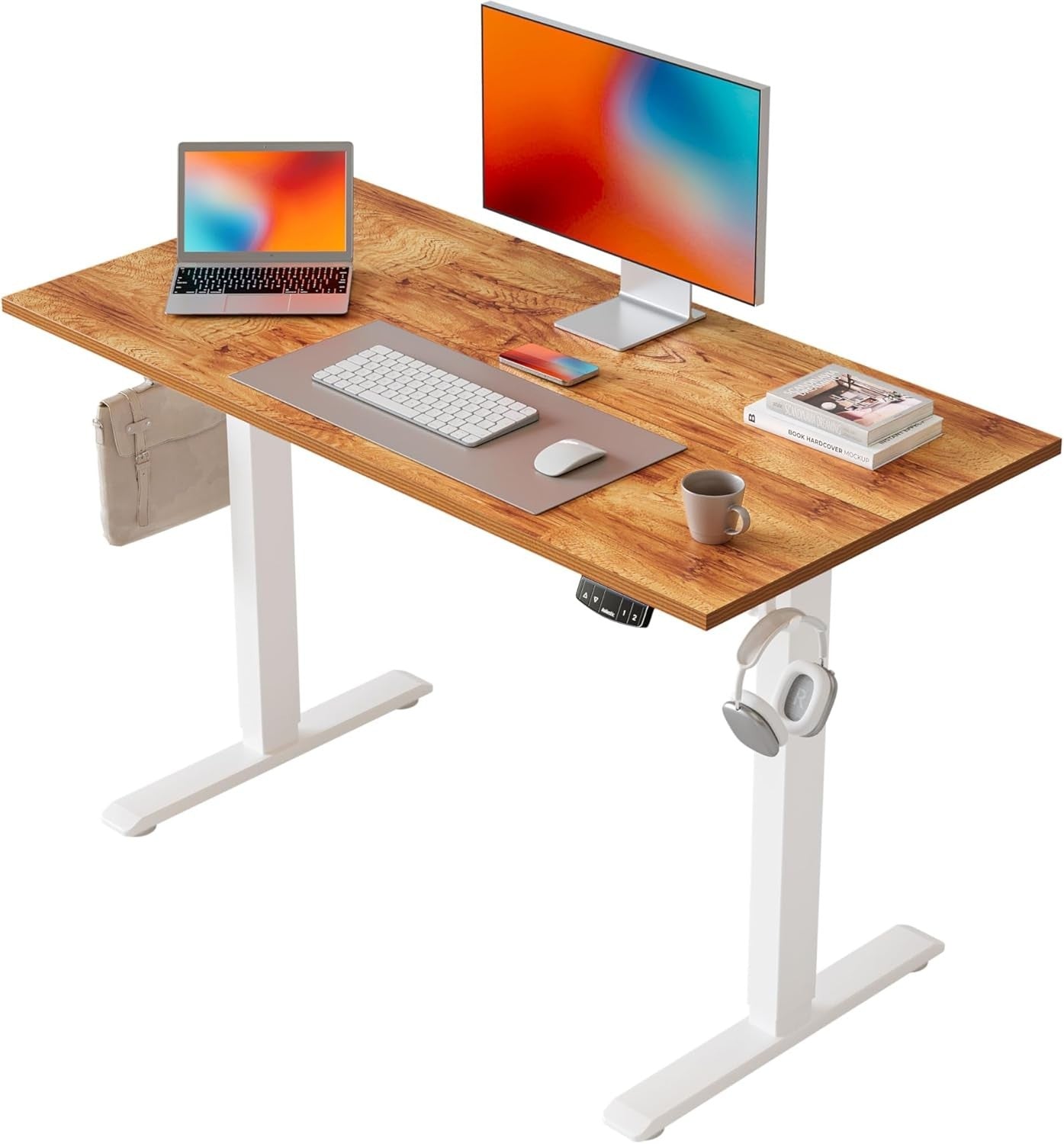 Electric Standing Desk 100x60cm Adjustable Sit Stand Brown Table with Memory