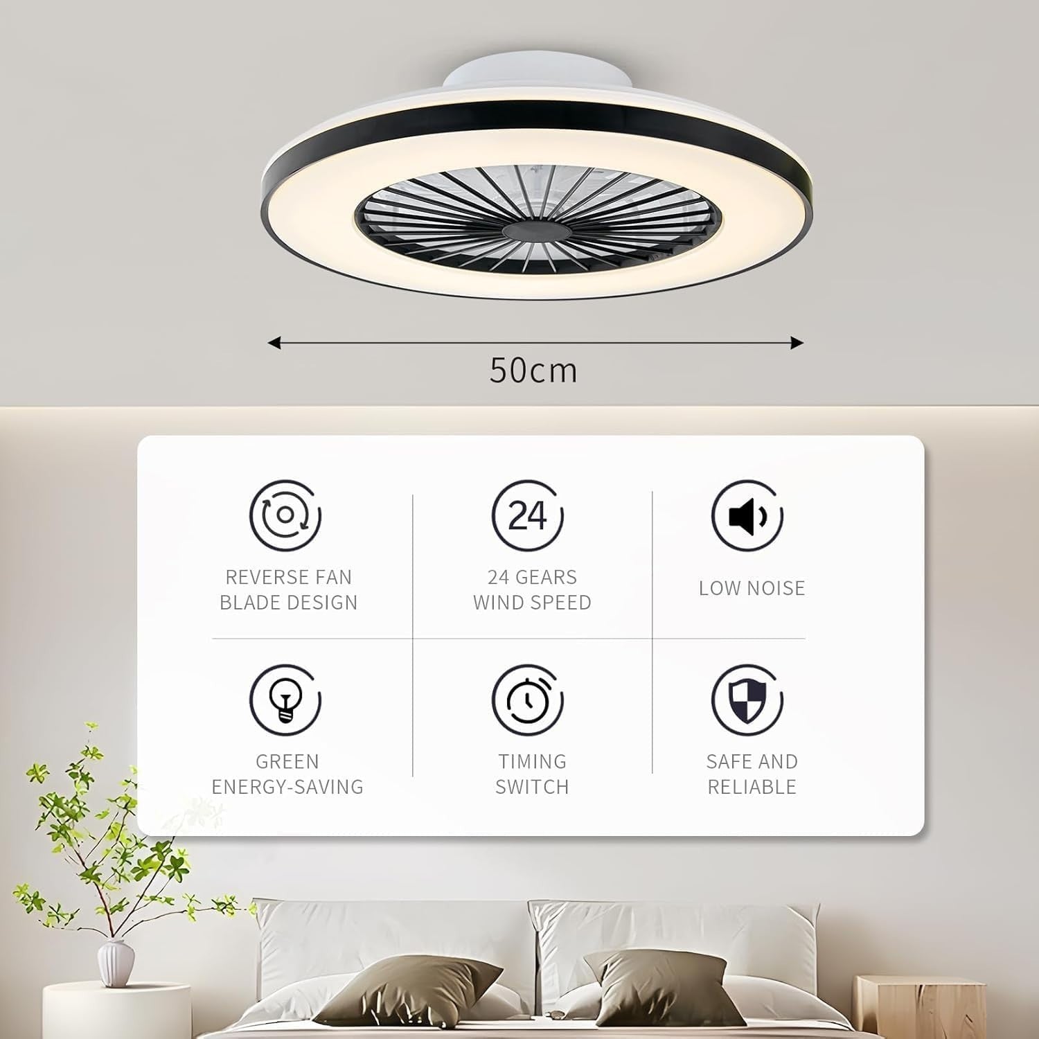 50CM LED Ceiling Fan Light, 24 Speeds, Dimmable, Remote, 3000K-5500K