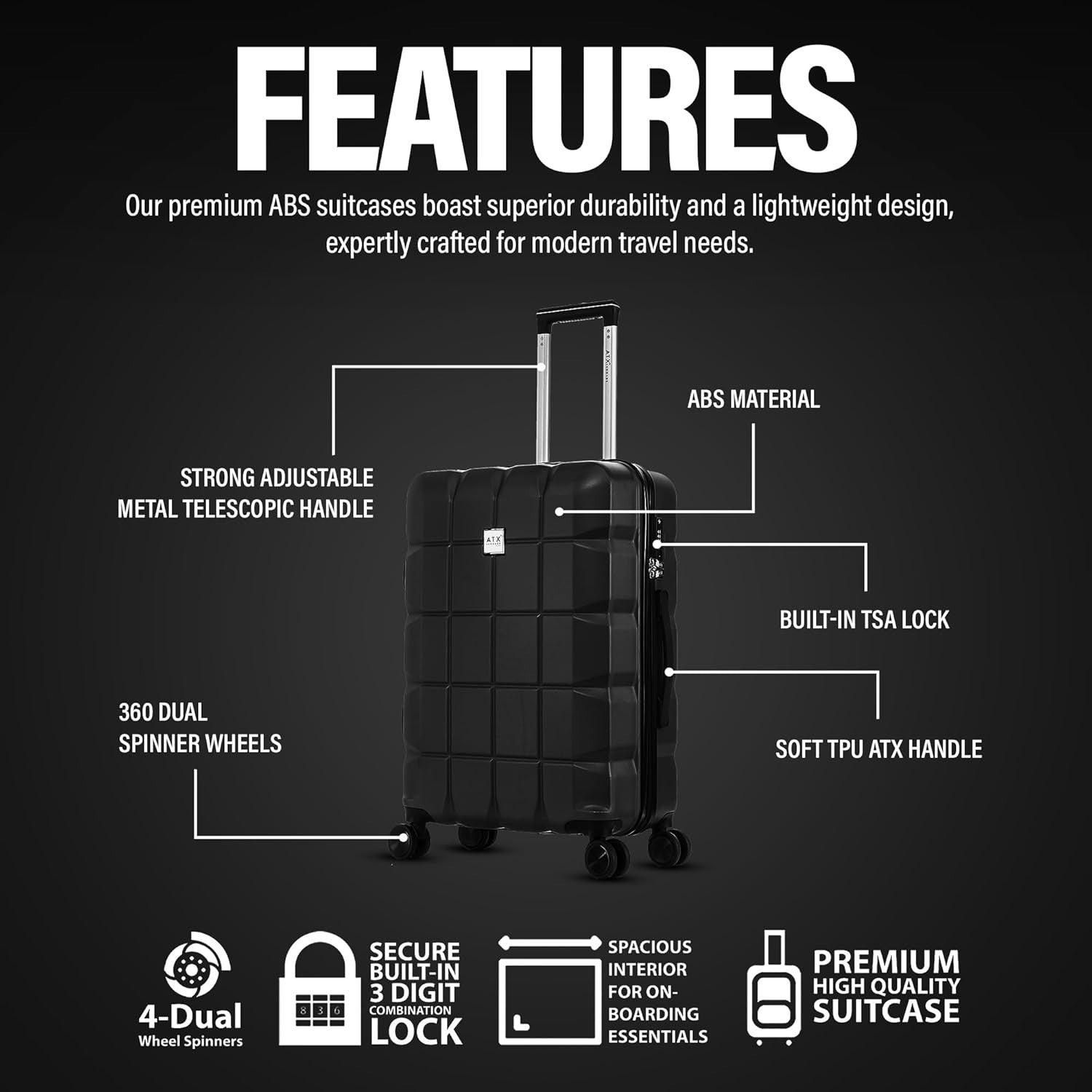 Medium ABS Hard Shell Suitcase 4 Dual Spinner Wheels TSA Lock 65L Black