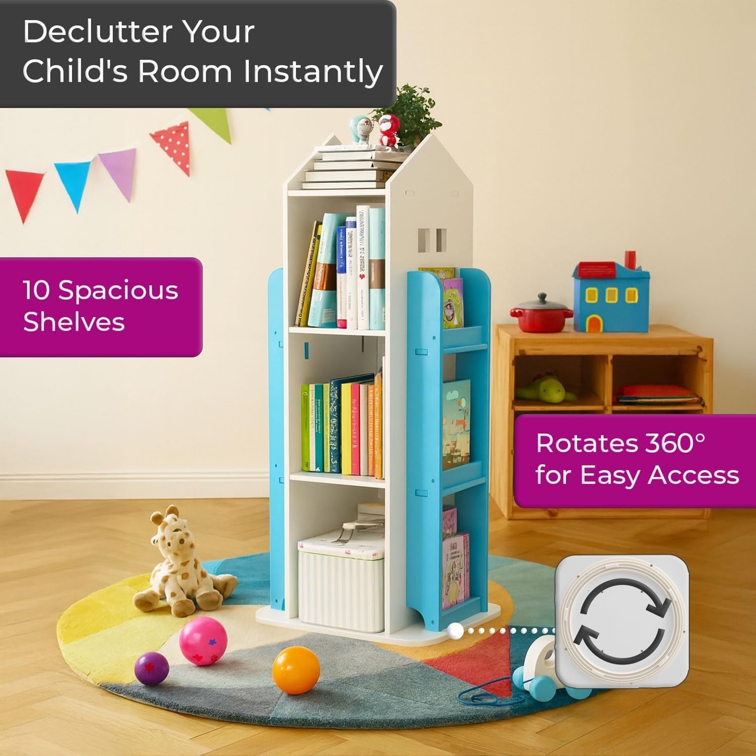 360° Rotating Kids Bookshelf 10-Shelf Freestanding Space-Saving Bookcase Blue