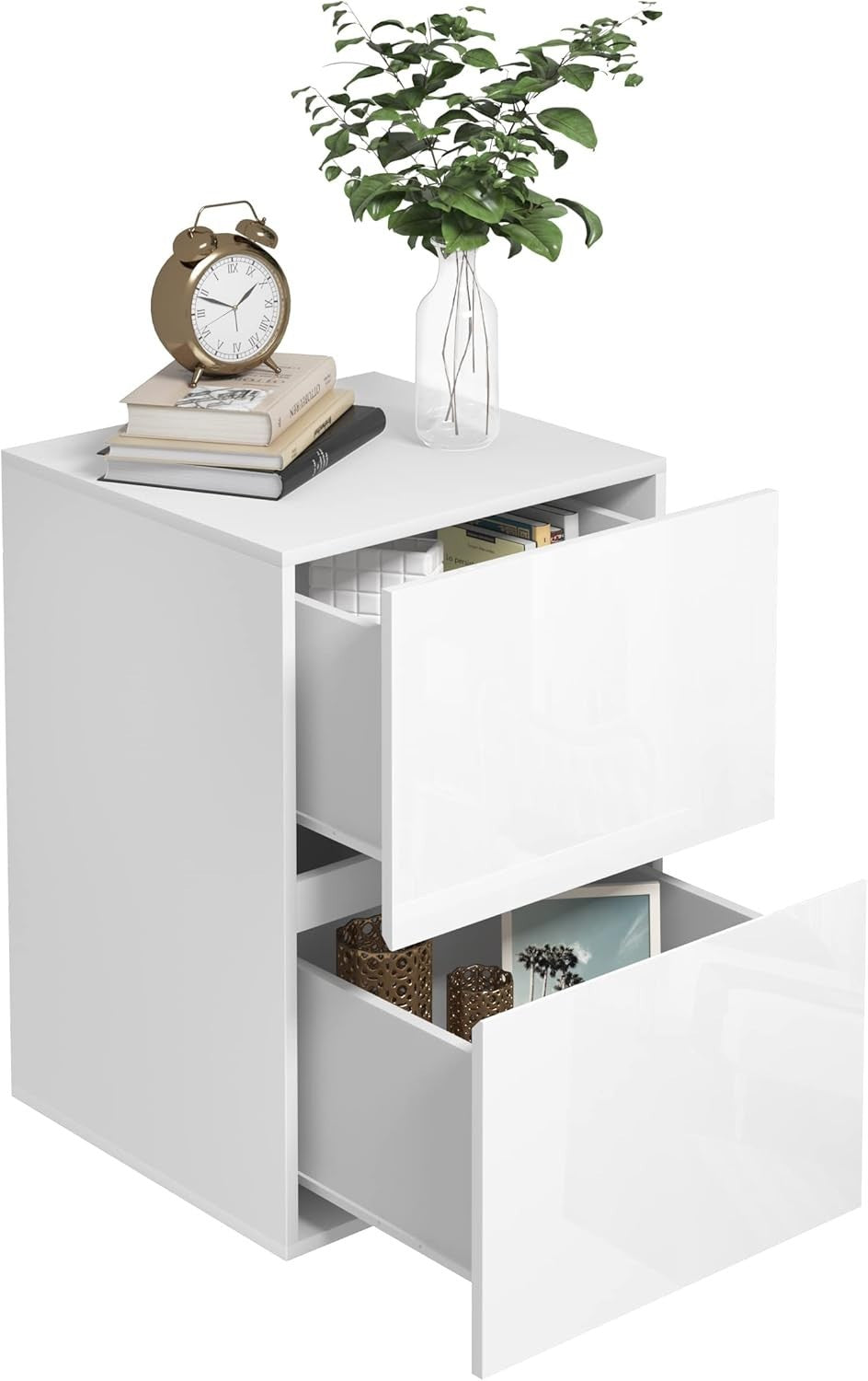 Set of 2 White High Gloss Bedside Tables with 2 Drawers Modern Nightstands