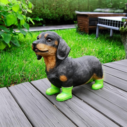 Miniature Dachshund Dog Garden Ornament 26cm Resin Sausage Dog in Boots Decor