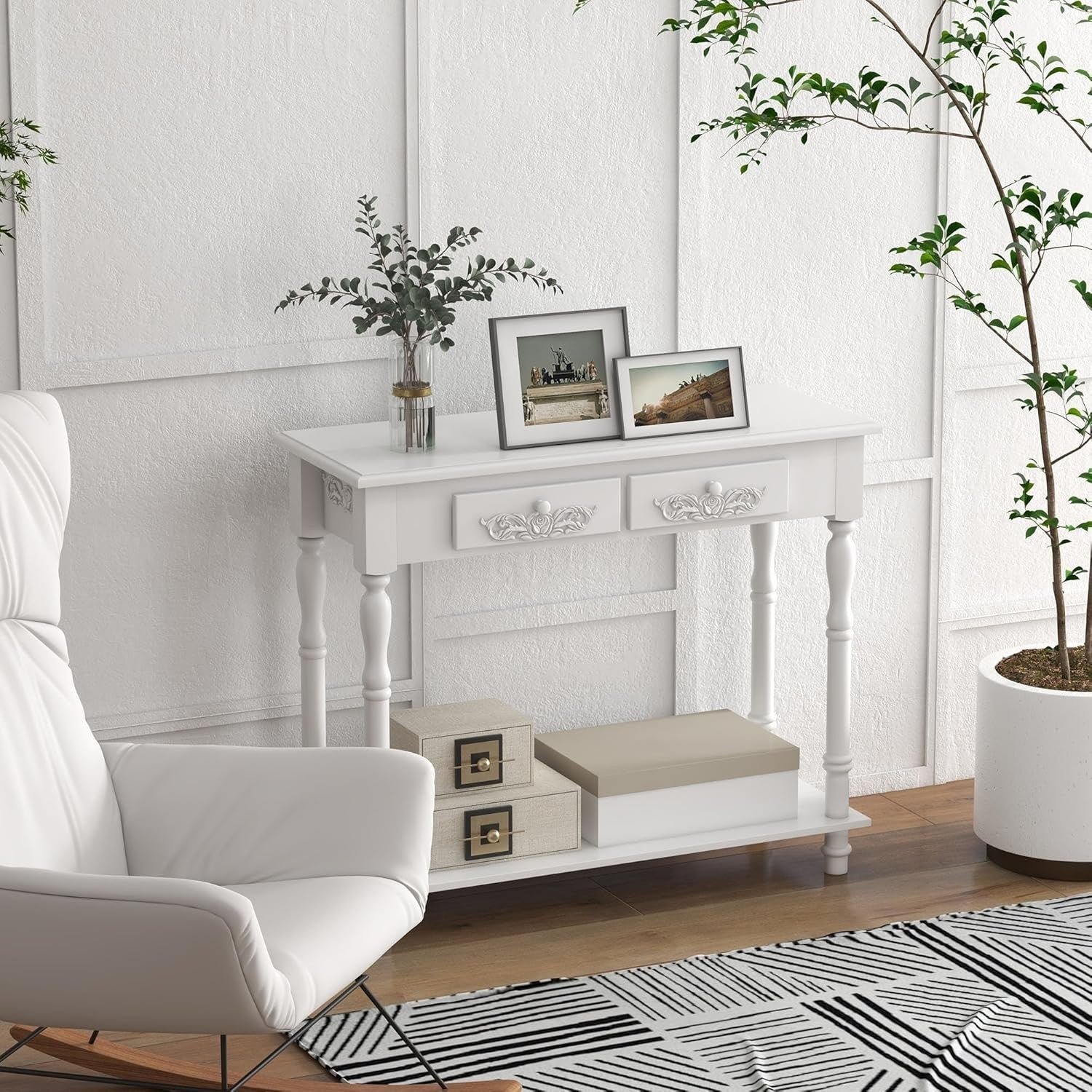 Modern White Console Table 2 Drawers with Shelf – Stylish Storage