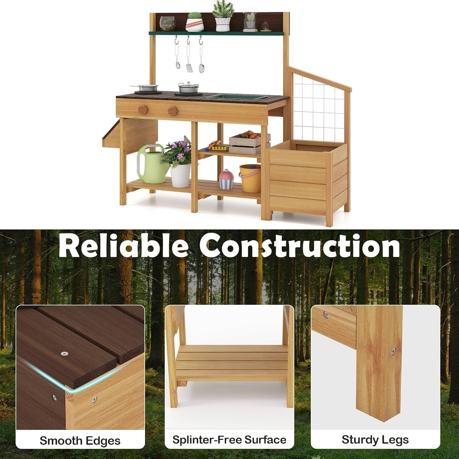 Outdoor Mud Kitchen Kids Garden Potting Bench Sink Wooden Playset