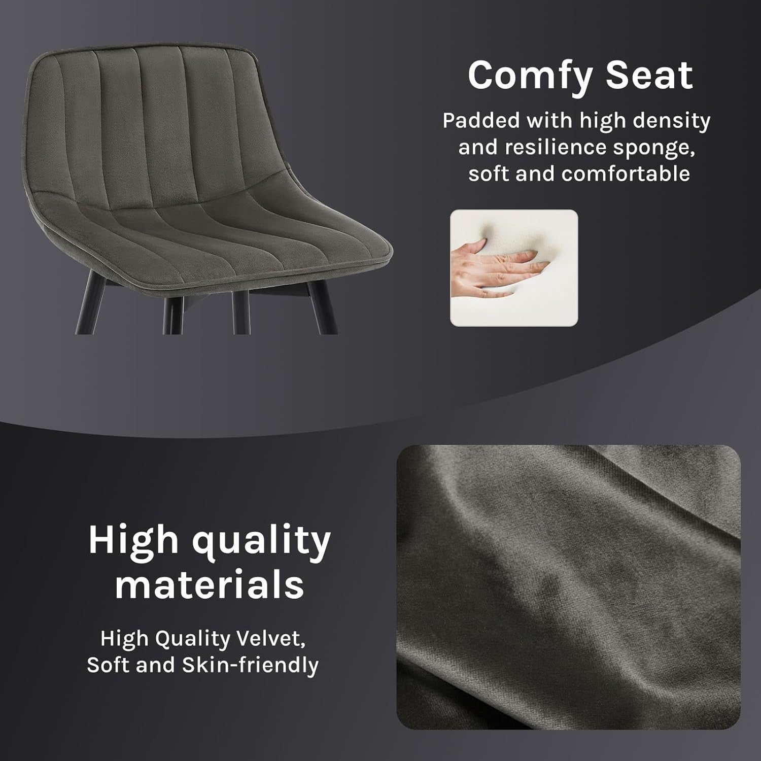 Contemporary Velvet Bar Stools Set of 2 Dark Grey Metal Kitchen Chairs