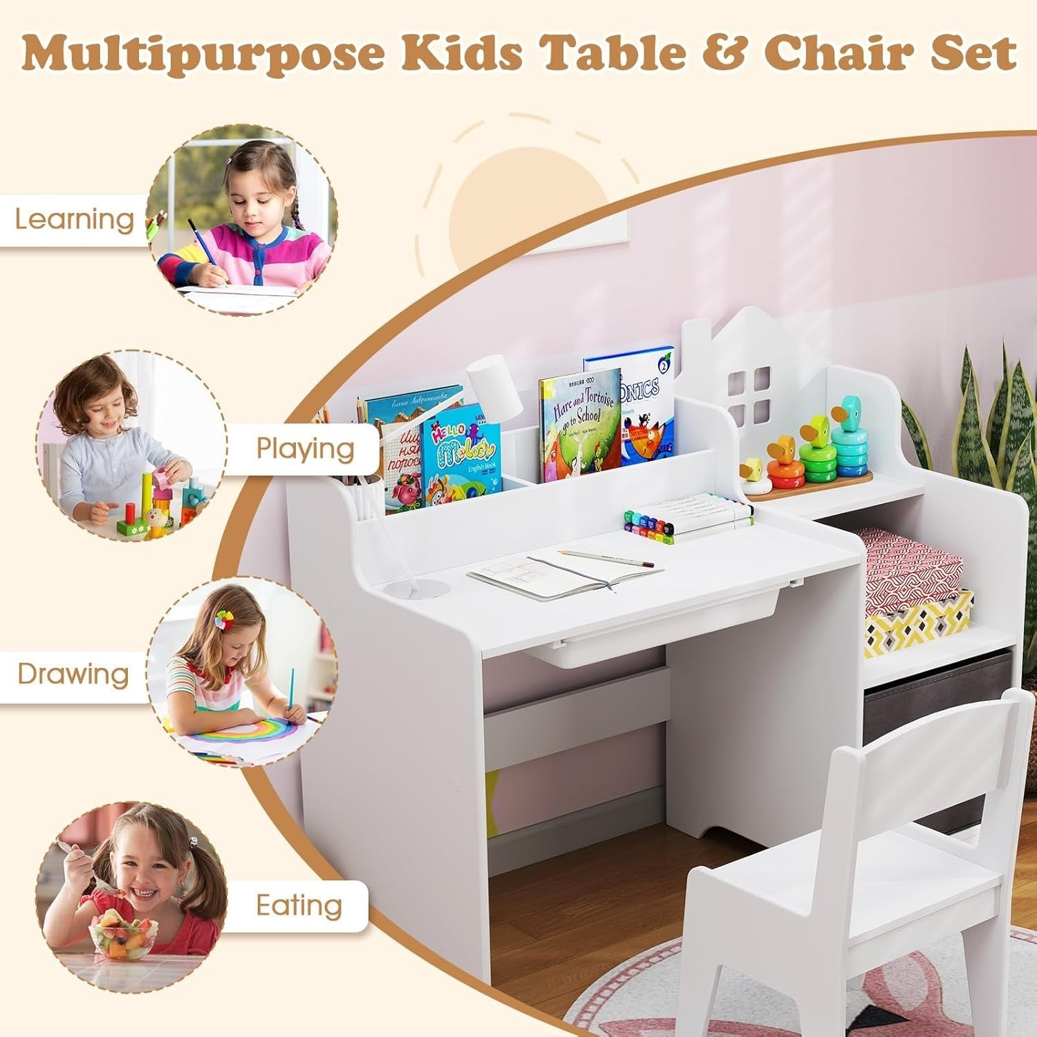 Kids Desk & Chair Set with Storage Drawers Bookshelves for Learning Play