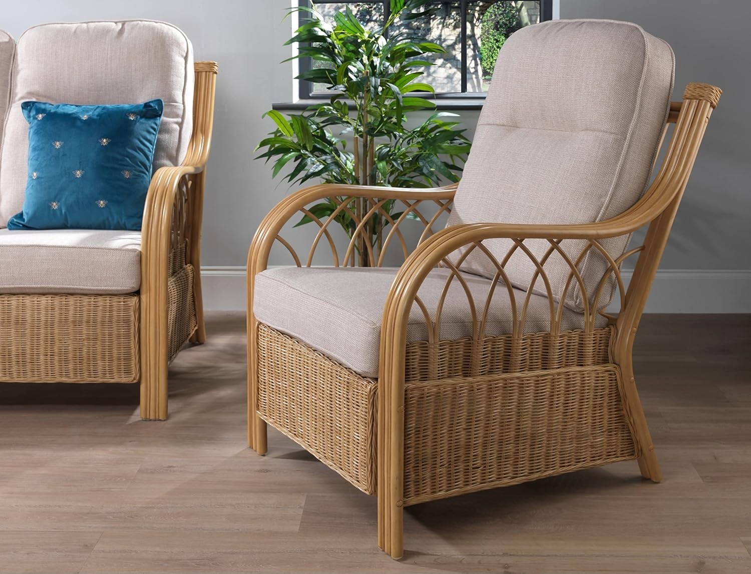 Luxury Rattan Conservatory Armchair High Back Cane Chair with Cushions