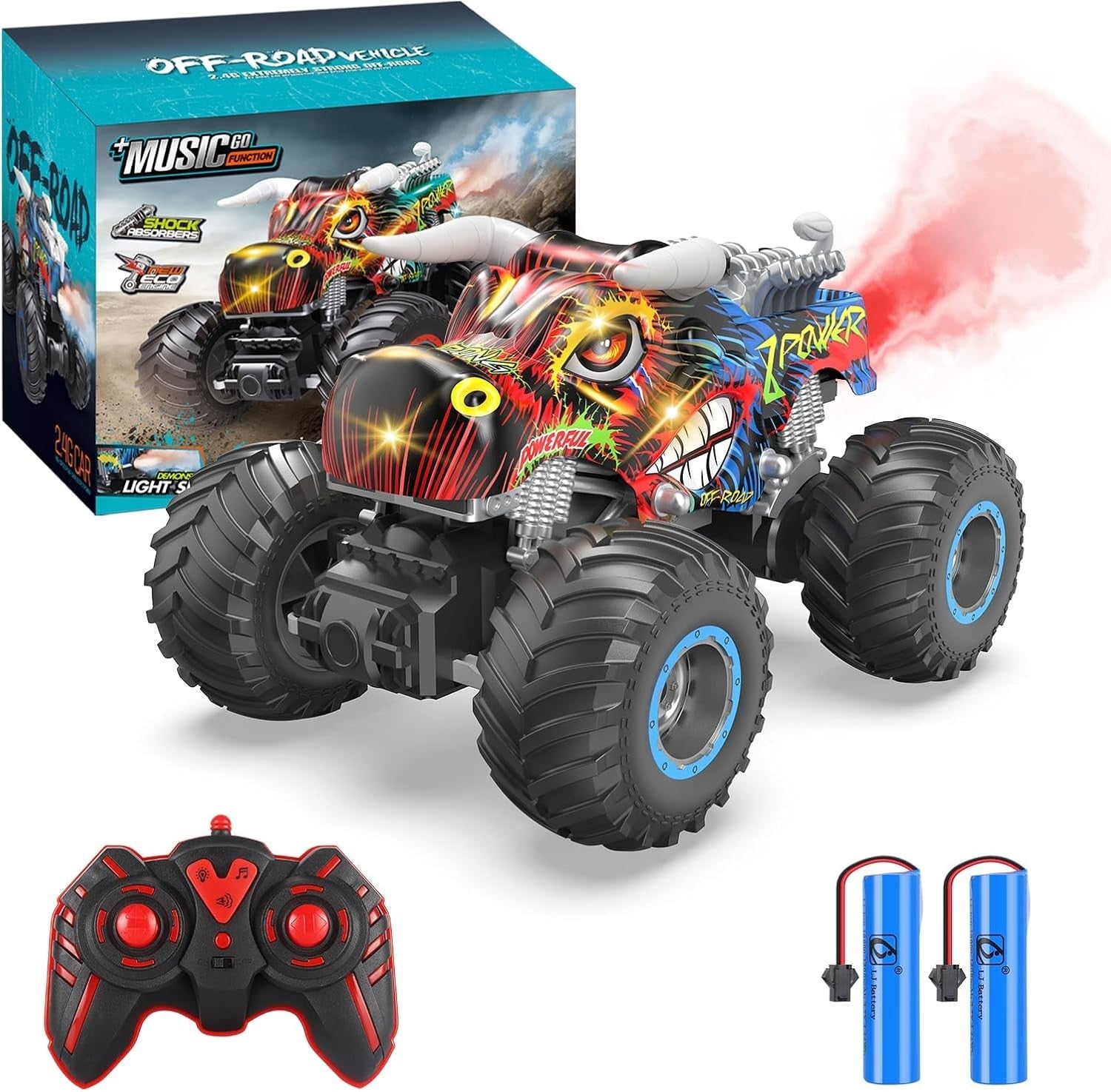RC Monster Truck Car with Spray, Music & LED Lights for Kids 8+
