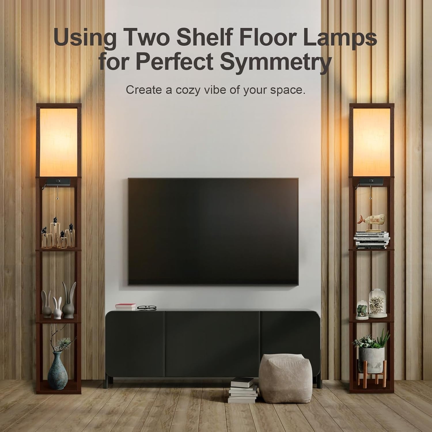LED Shelf Floor Lamp with USB Charging Wooden Standing Light Walnut Brown